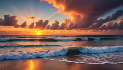 Sunset over ocean waves
