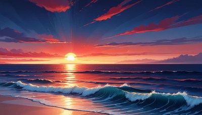 Sunset over ocean waves