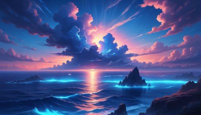 Dramatic sunset over rocky ocean