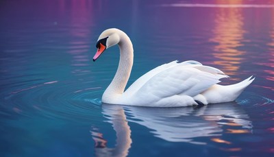 White swan swimming in blue water