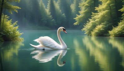 Swan swimming in forest lake