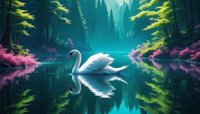 Swan swimming in a forest lake