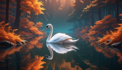 Swan in autumn forest