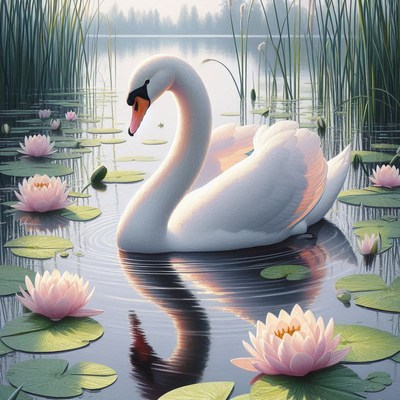 White swan on lily pad pond