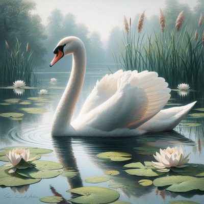 Swan on a pond with lilies