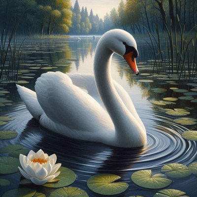 Swan swimming in pond at sunset