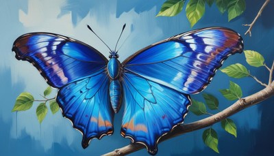 Blue morpho butterfly on branch