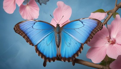 Blue morpho butterfly on pink flowers