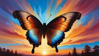 Butterfly silhouette against sunset sky