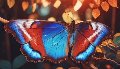 Blue and red butterfly on branch