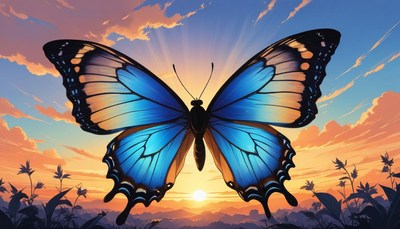 Blue butterfly sunset