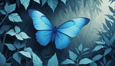 Blue morpho butterfly in lush foliage