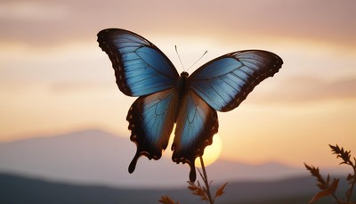 Blue morpho butterfly at sunset