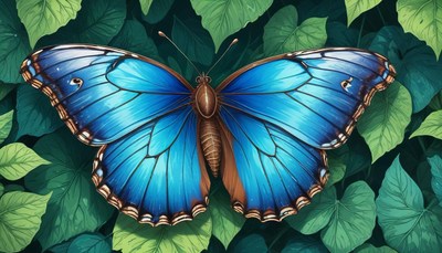 Blue morpho butterfly on green leaves