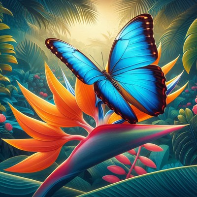 Blue morpho butterfly on bird of paradise