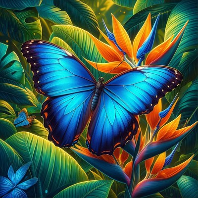 Blue morpho butterfly on bird of paradise flower
