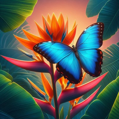 Blue morpho butterfly on bird of paradise flower