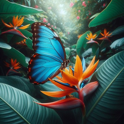 Blue morpho butterfly on bird of paradise