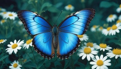 Blue morpho butterfly on daisies