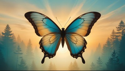 Butterfly in misty forest sunrise