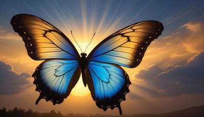 Blue butterfly against sunset sky