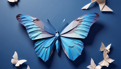 Blue origami butterfly on blue background