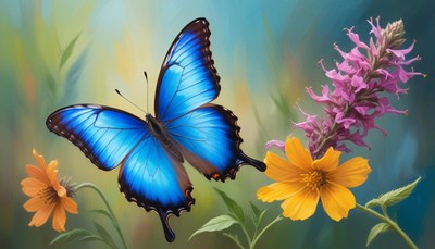 Blue morpho butterfly on flowers