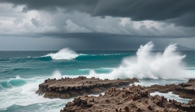 Stormy ocean waves crashing on rocks