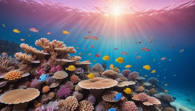 Underwater coral reef with sunbeams