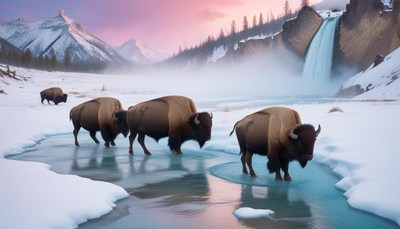 Bison crossing frozen river at sunrise
