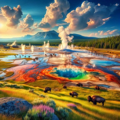 Yellowstone geyser and bison