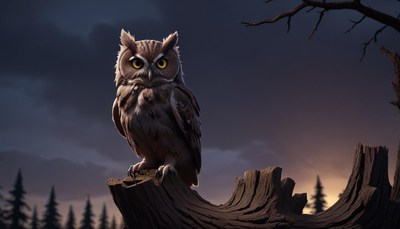 Owl perched on tree stump at dusk