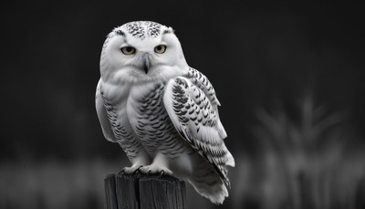 Snowy owl perched on a fence post