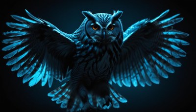Owl with spread wings in blue light