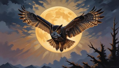 Owl flying under full moon