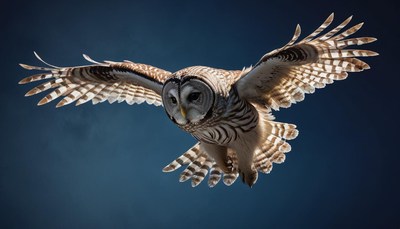 Barred owl in flight against blue sky