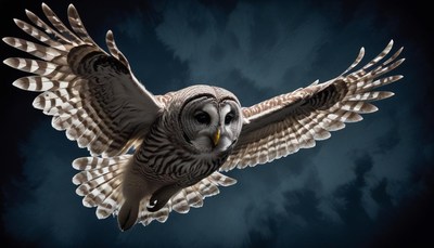 Barred owl in flight at night