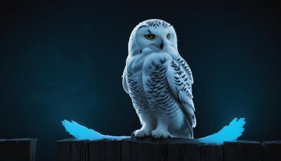 Snowy owl perched on log with blue lights