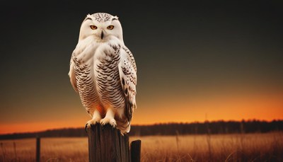 Snowy owl perched at sunset