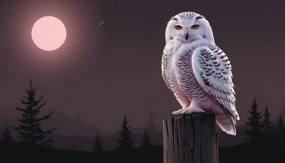 Snowy owl perched on a post under a full moon
