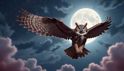 Owl flying under moonlight