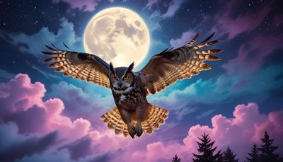 Owl soaring under full moon