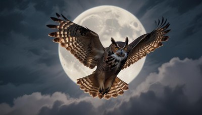 Owl flying under full moon