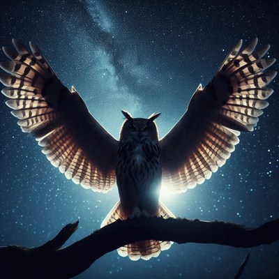 Owl spread wings against night sky