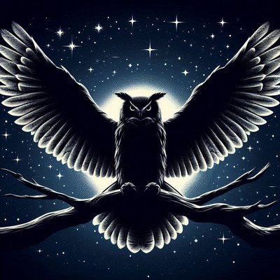 Owl perched on branch under night sky