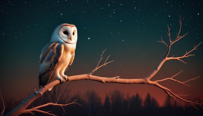 Barn owl perched on branch at night