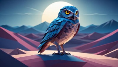 Low poly owl on mountaintop at night