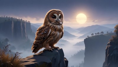 Owl perched on cliff at sunrise