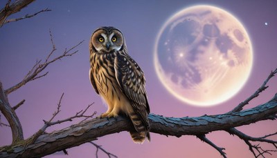 Owl perched on branch under full moon