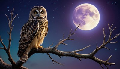 Owl perched on branch under full moon